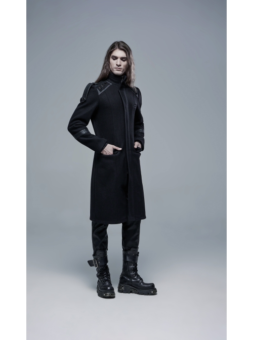 Stand-Up Collar Shoulder Leather Strap Decoration Black Punk Woolen Jacket