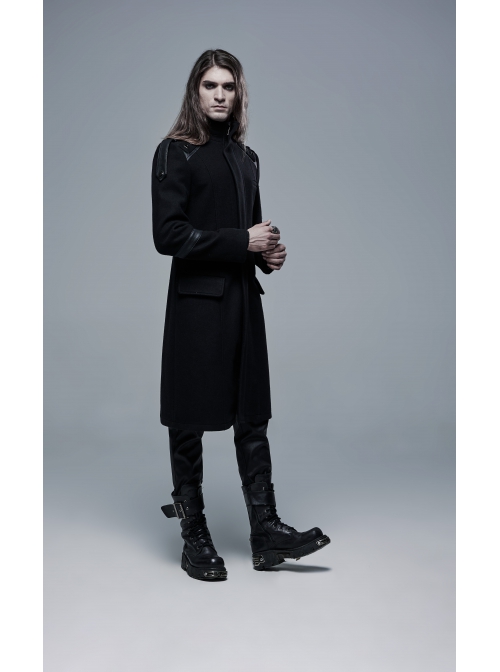 Stand-Up Collar Shoulder Leather Strap Decoration Black Punk Woolen Jacket
