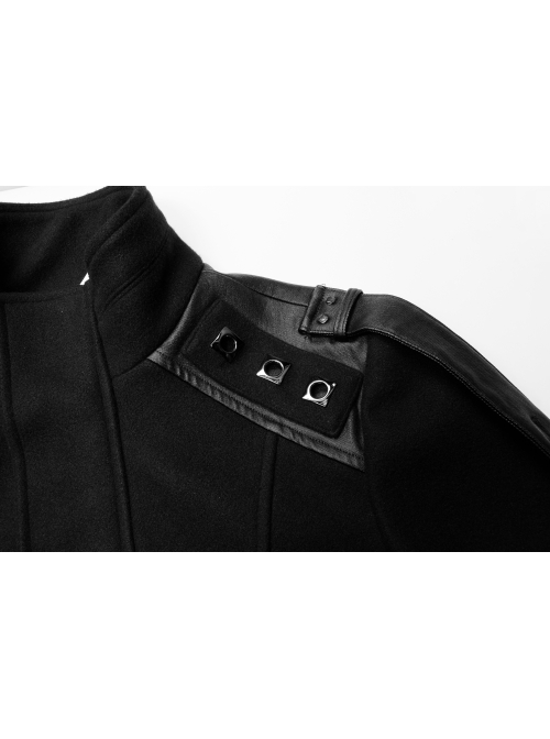 Stand-Up Collar Shoulder Leather Strap Decoration Black Punk Woolen Jacket