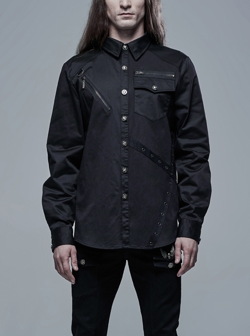 Metal Eyelets Strap Decoration Front Metal Button Black Punk Shirt