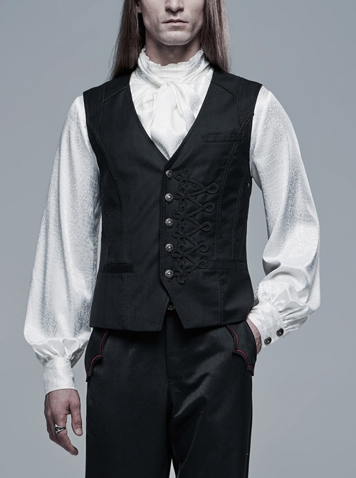 Front Retro Metal Button Embroidery Ribbon Decoration Black Gothic Vest