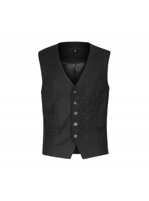 Front Retro Metal Button Embroidery Ribbon Decoration Black Gothic Vest