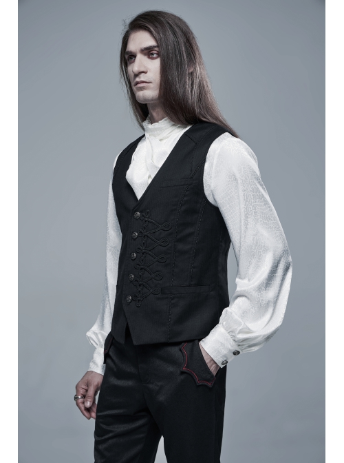 Front Retro Metal Button Embroidery Ribbon Decoration Black Gothic Vest