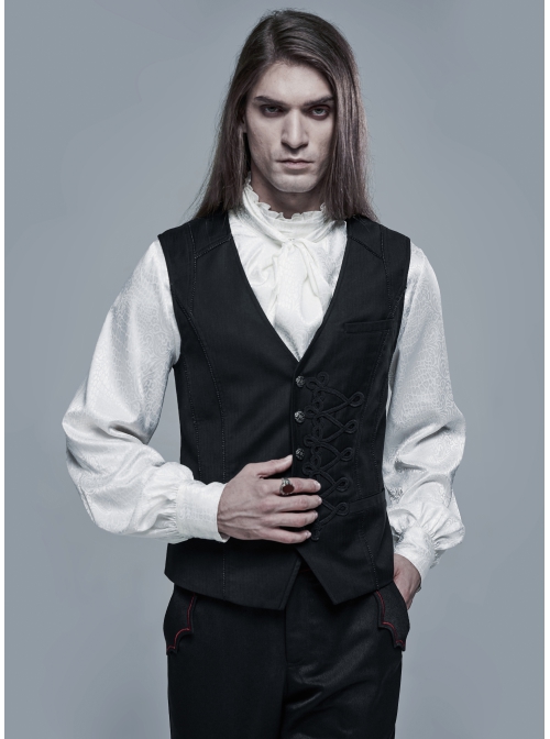 Front Retro Metal Button Embroidery Ribbon Decoration Black Gothic Vest