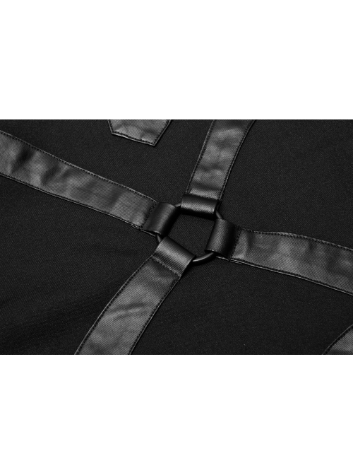 Back Metal Ring Imitation Leather Strap Decoration Black Punk Knit Velvet Jacket
