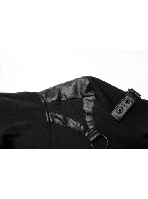 Back Metal Ring Imitation Leather Strap Decoration Black Punk Knit Velvet Jacket