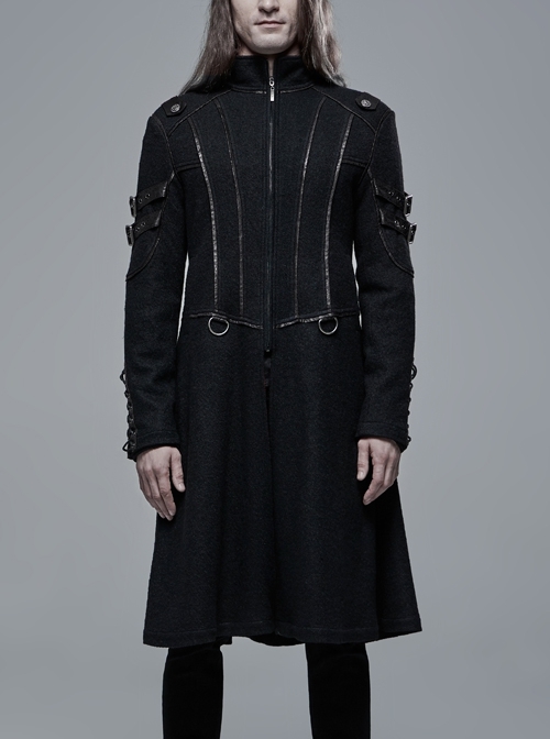 Metal Buckle Crackle Woven Decoration Lace-Up Cuff Black Punk Knit Long Jacket