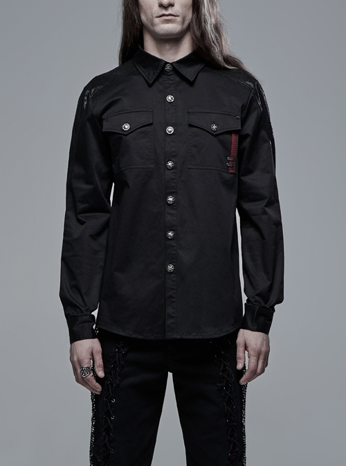 Ribbon Decoration Front Metal Skull Button Black Punk Spliced Shirt