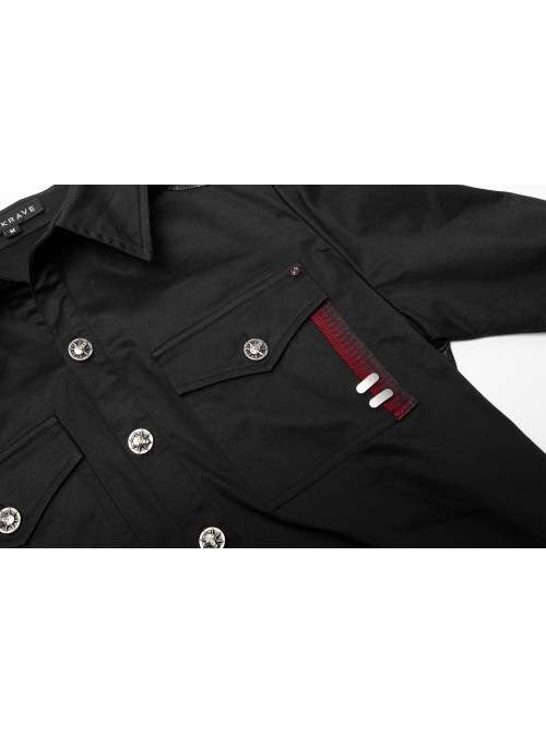 Ribbon Decoration Front Metal Skull Button Black Punk Spliced Shirt