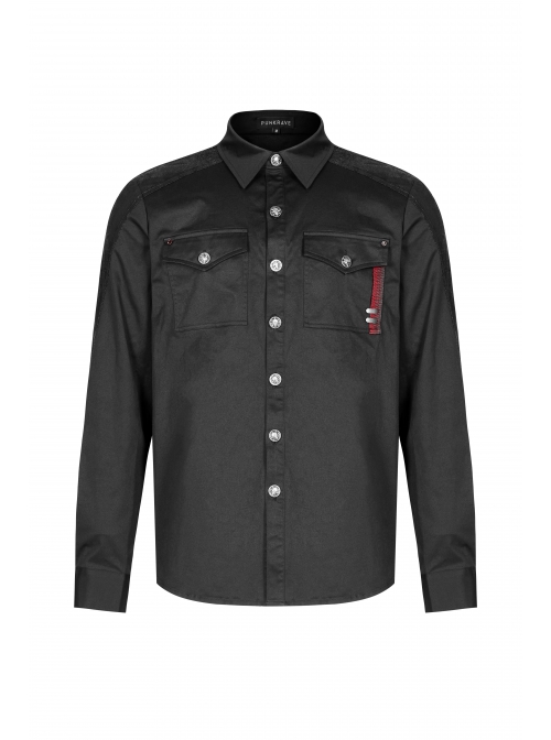 Ribbon Decoration Front Metal Skull Button Black Punk Spliced Shirt