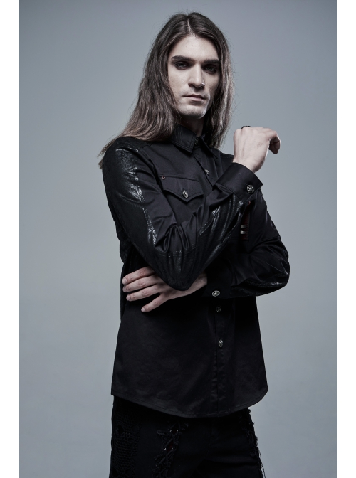 Ribbon Decoration Front Metal Skull Button Black Punk Spliced Shirt