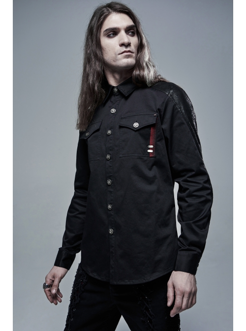 Ribbon Decoration Front Metal Skull Button Black Punk Spliced Shirt