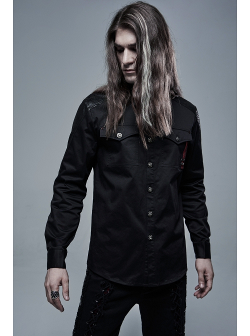 Ribbon Decoration Front Metal Skull Button Black Punk Spliced Shirt