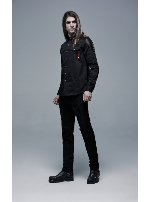 Ribbon Decoration Front Metal Skull Button Black Punk Spliced Shirt