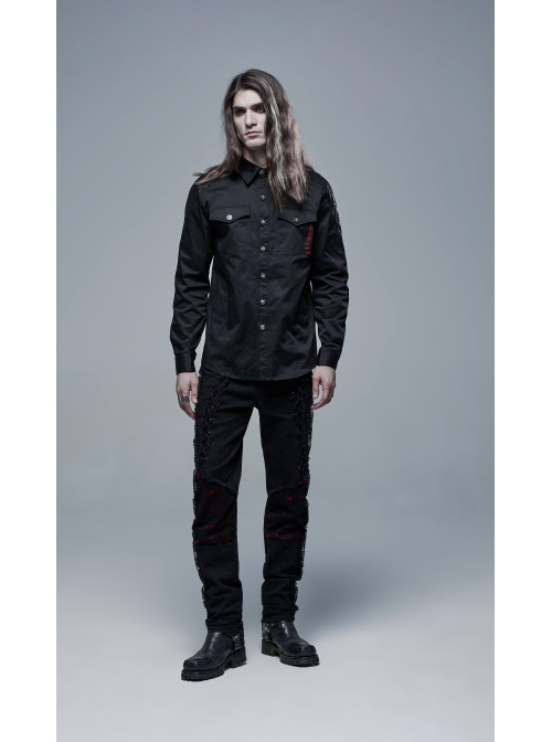 Ribbon Decoration Front Metal Skull Button Black Punk Spliced Shirt