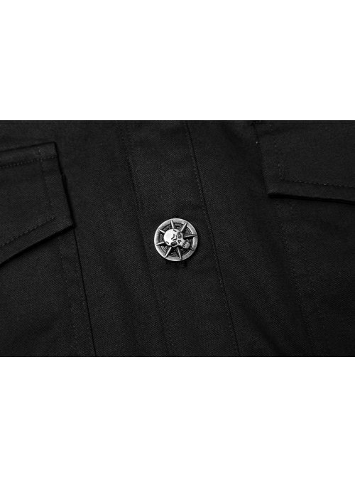 Ribbon Decoration Front Metal Skull Button Black Punk Spliced Shirt