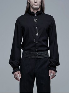 Frill High Collar Front Retro Metal Button Lantern Sleeve Black Gothic Shirt
