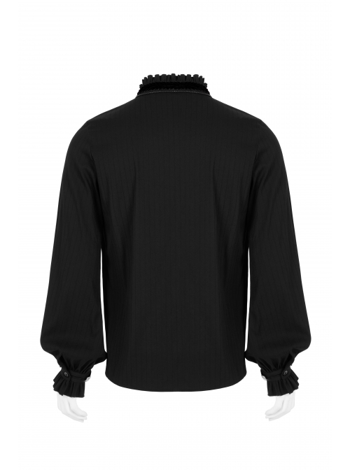 Frill High Collar Front Retro Metal Button Lantern Sleeve Black Gothic Shirt