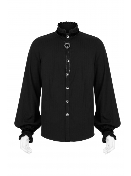 Frill High Collar Front Retro Metal Button Lantern Sleeve Black Gothic Shirt