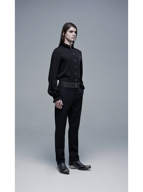 Frill High Collar Front Retro Metal Button Lantern Sleeve Black Gothic Shirt