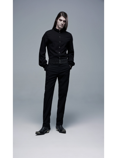Frill High Collar Front Retro Metal Button Lantern Sleeve Black Gothic Shirt