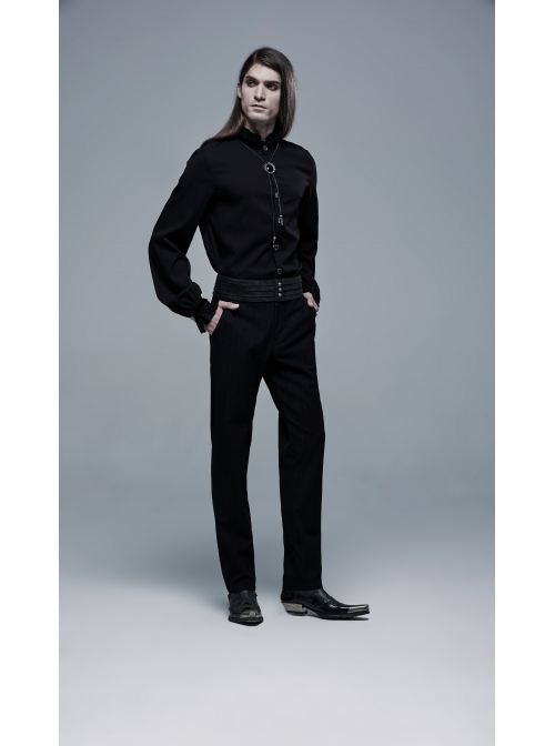 Frill High Collar Front Retro Metal Button Lantern Sleeve Black Gothic Shirt