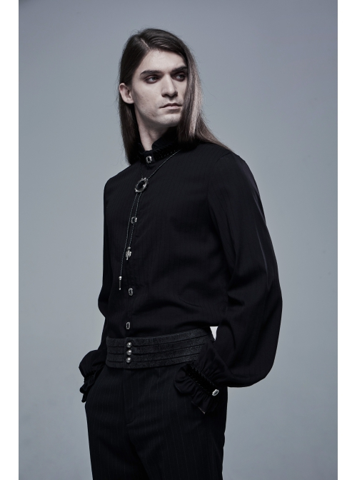 Frill High Collar Front Retro Metal Button Lantern Sleeve Black Gothic Shirt