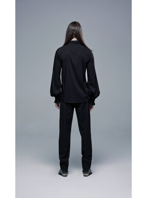 Frill High Collar Front Retro Metal Button Lantern Sleeve Black Gothic Shirt
