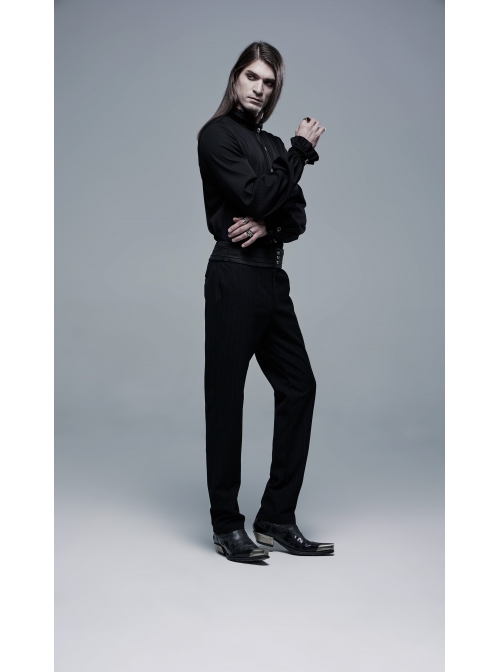 Frill High Collar Front Retro Metal Button Lantern Sleeve Black Gothic Shirt