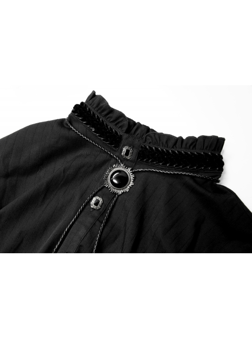 Frill High Collar Front Retro Metal Button Lantern Sleeve Black Gothic Shirt