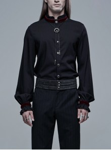 Wine Red Frill High Collar Front Retro Metal Button Lantern Sleeve Black Gothic Shirt