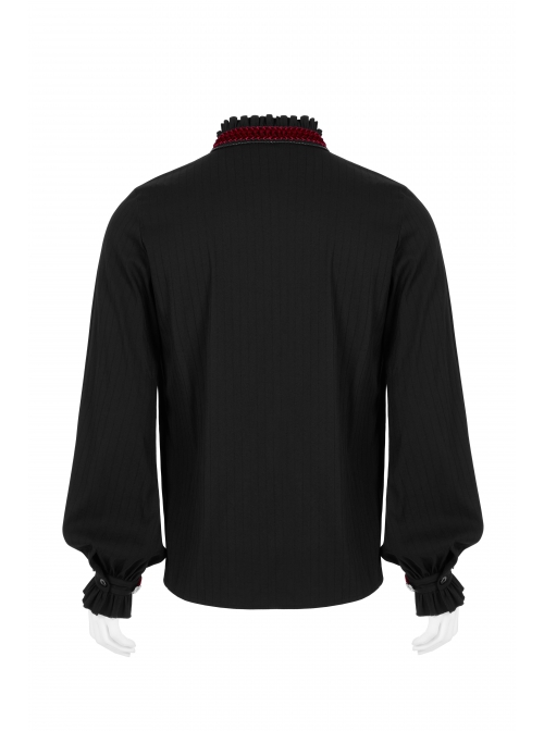 Wine Red Frill High Collar Front Retro Metal Button Lantern Sleeve Black Gothic Shirt