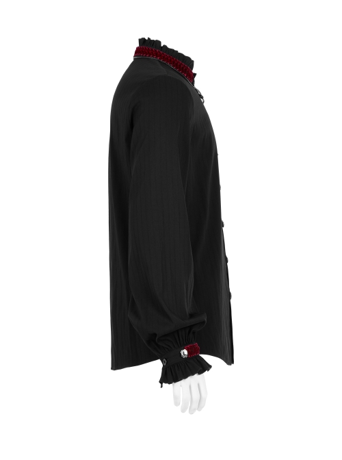 Wine Red Frill High Collar Front Retro Metal Button Lantern Sleeve Black Gothic Shirt