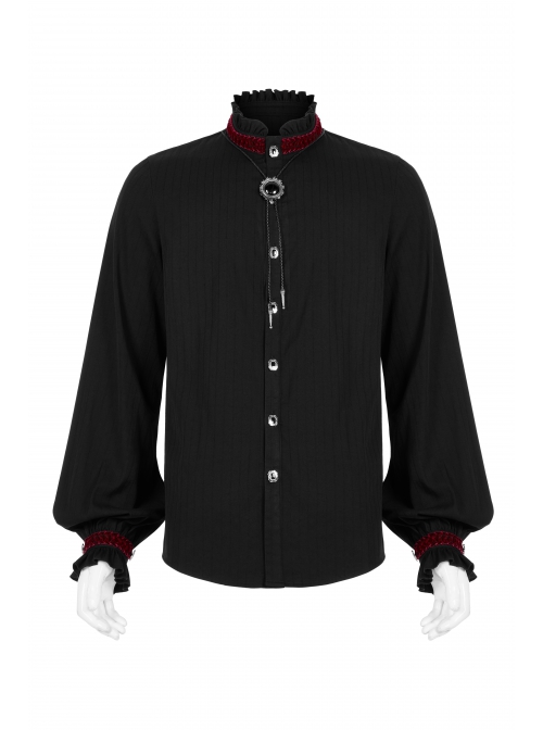 Wine Red Frill High Collar Front Retro Metal Button Lantern Sleeve Black Gothic Shirt
