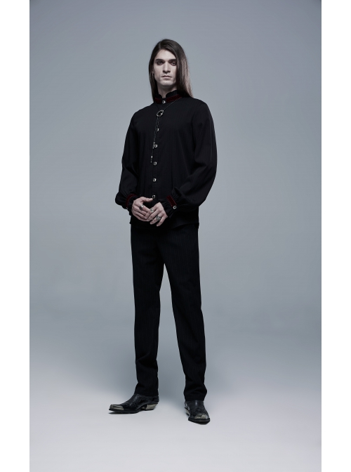 Wine Red Frill High Collar Front Retro Metal Button Lantern Sleeve Black Gothic Shirt