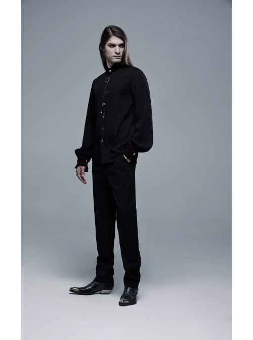 Wine Red Frill High Collar Front Retro Metal Button Lantern Sleeve Black Gothic Shirt