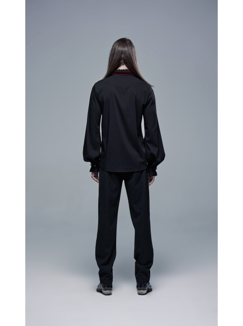 Wine Red Frill High Collar Front Retro Metal Button Lantern Sleeve Black Gothic Shirt