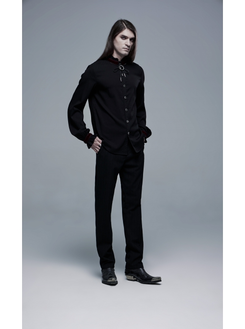 Wine Red Frill High Collar Front Retro Metal Button Lantern Sleeve Black Gothic Shirt