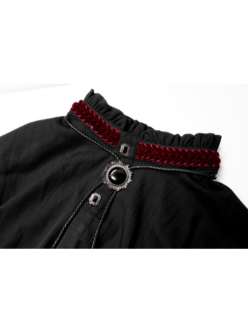 Wine Red Frill High Collar Front Retro Metal Button Lantern Sleeve Black Gothic Shirt