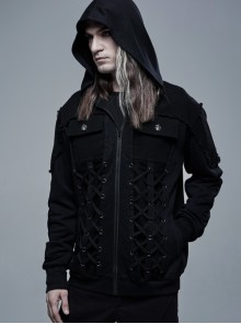Front Lace-Up Decoration Long Sleeve Black Punk Knit Hoodie Coat