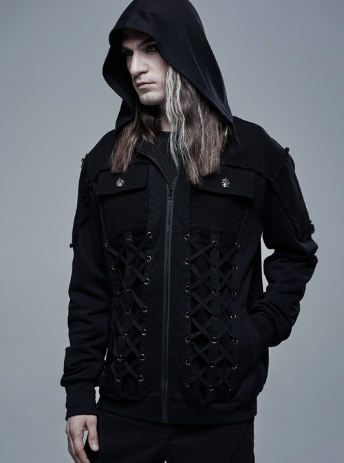 Front Lace-Up Decoration Long Sleeve Black Punk Knit Hoodie Coat