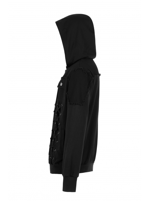 Front Lace-Up Decoration Long Sleeve Black Punk Knit Hoodie Coat