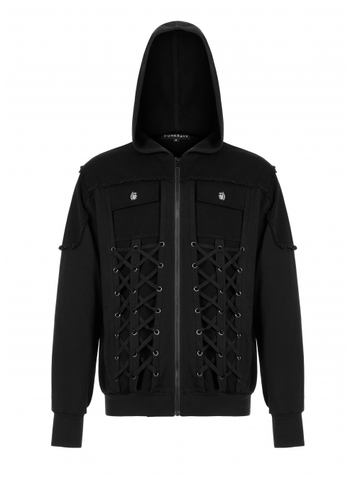 Front Lace-Up Decoration Long Sleeve Black Punk Knit Hoodie Coat
