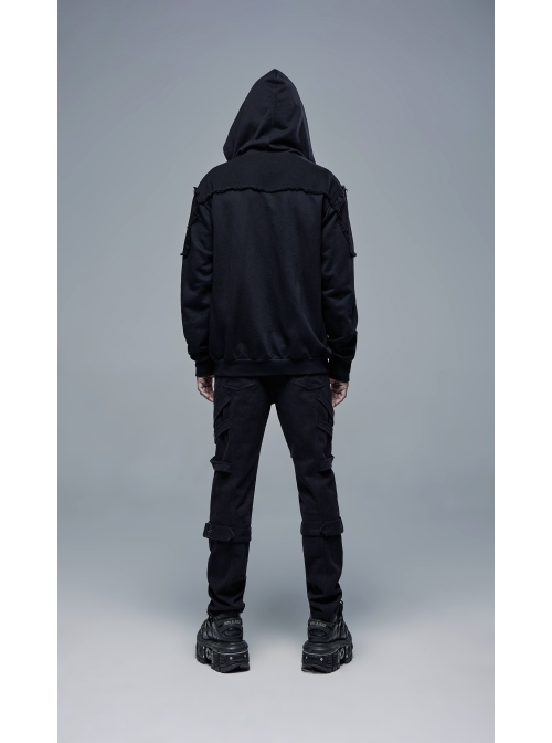 Front Lace-Up Decoration Long Sleeve Black Punk Knit Hoodie Coat