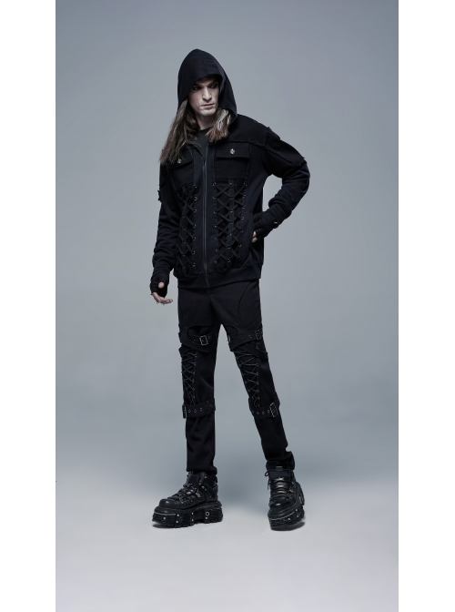 Front Lace-Up Decoration Long Sleeve Black Punk Knit Hoodie Coat