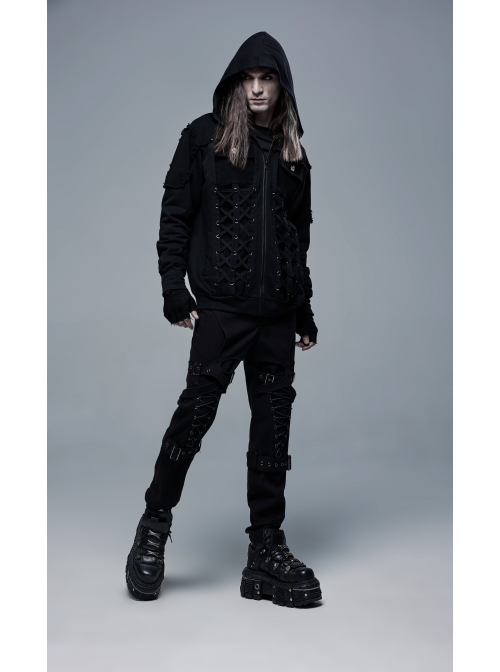 Front Lace-Up Decoration Long Sleeve Black Punk Knit Hoodie Coat
