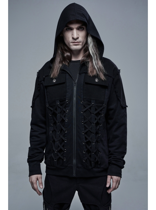 Front Lace-Up Decoration Long Sleeve Black Punk Knit Hoodie Coat