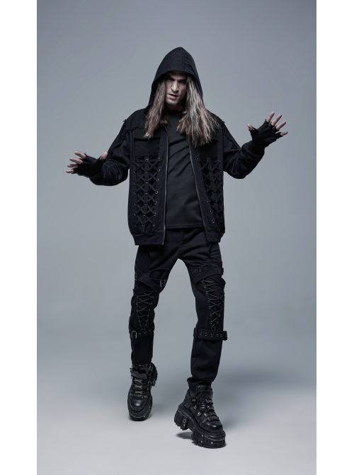 Front Lace-Up Decoration Long Sleeve Black Punk Knit Hoodie Coat