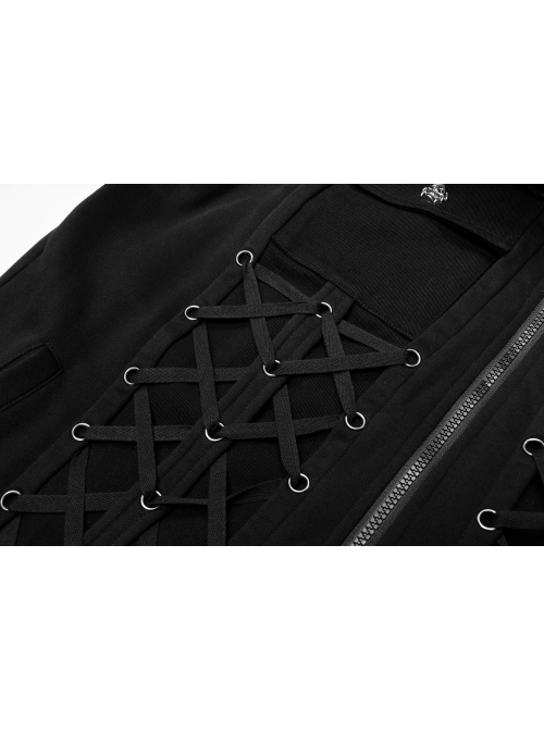 Front Lace-Up Decoration Long Sleeve Black Punk Knit Hoodie Coat
