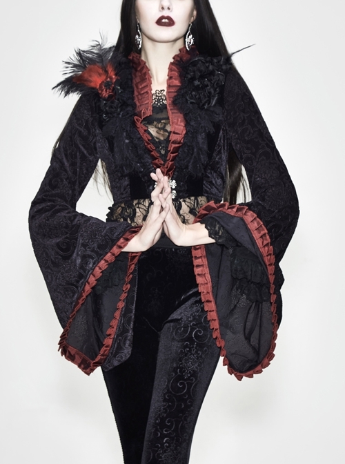 Black 3d Embossed Velvet Fabric Red Chameleon Fabric Kimono Cuffs Rose Flower Neckline Gothic Dress Jacket